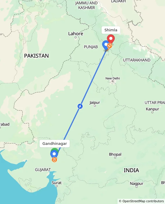 Route map showing distance and travel time from Gandhinagar, India to Shimla, India