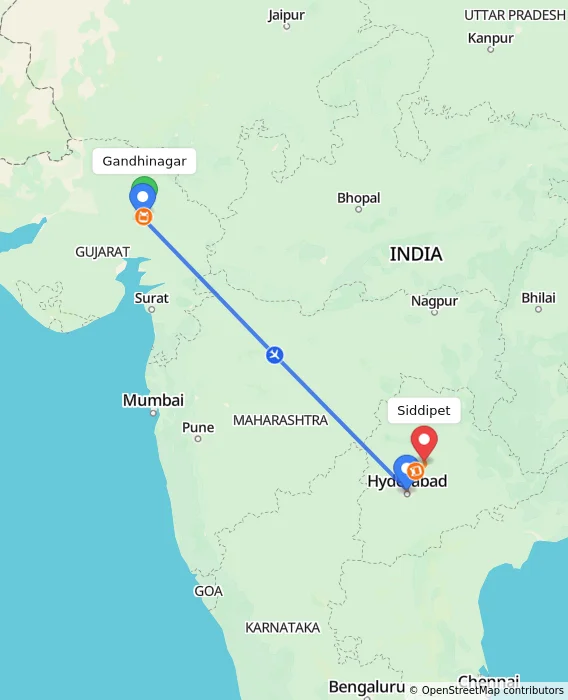 Route map showing distance and travel time from Gandhinagar, India to Siddipet, India