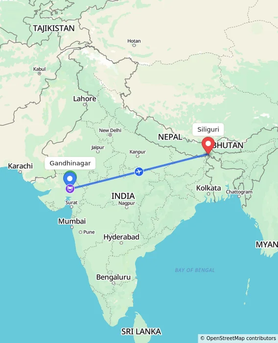 Route map showing distance and travel time from Gandhinagar, India to Siliguri, India