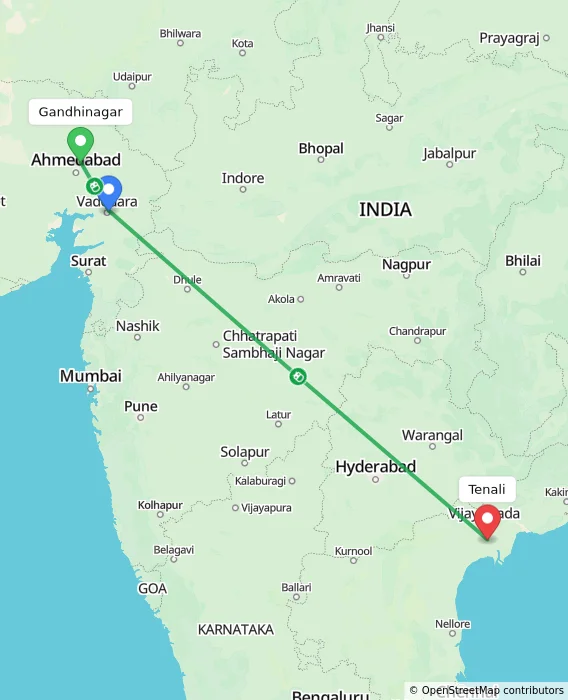 Route map showing distance and travel time from Gandhinagar, India to Tenali, India