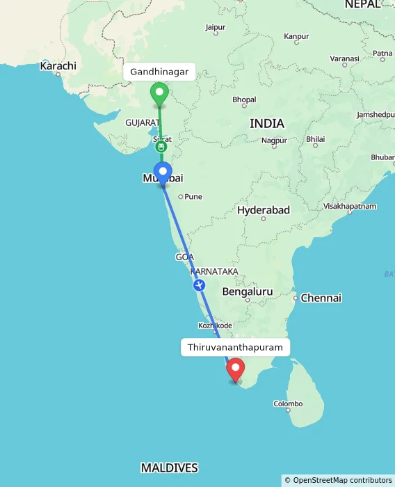 Route map showing distance and travel time from Gandhinagar, India to Thiruvananthapuram, India