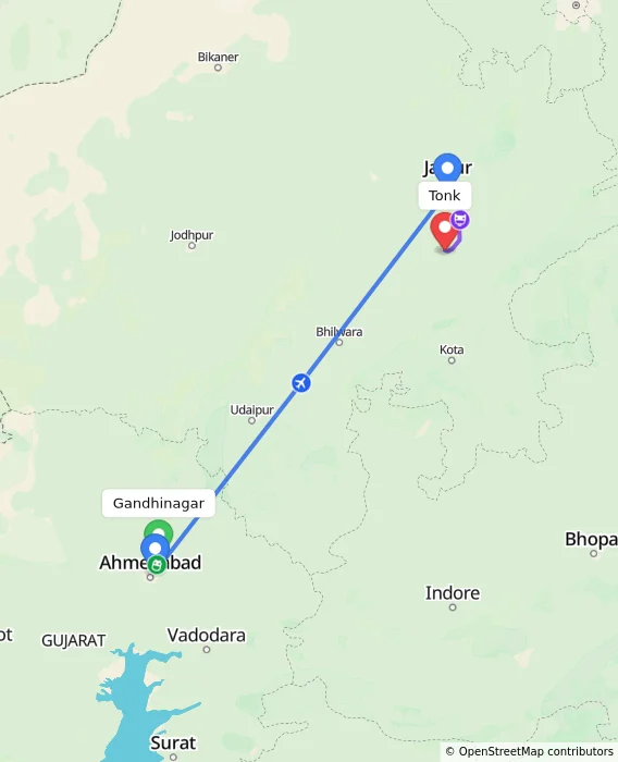 Route map showing distance and travel time from Gandhinagar, India to Tonk, India