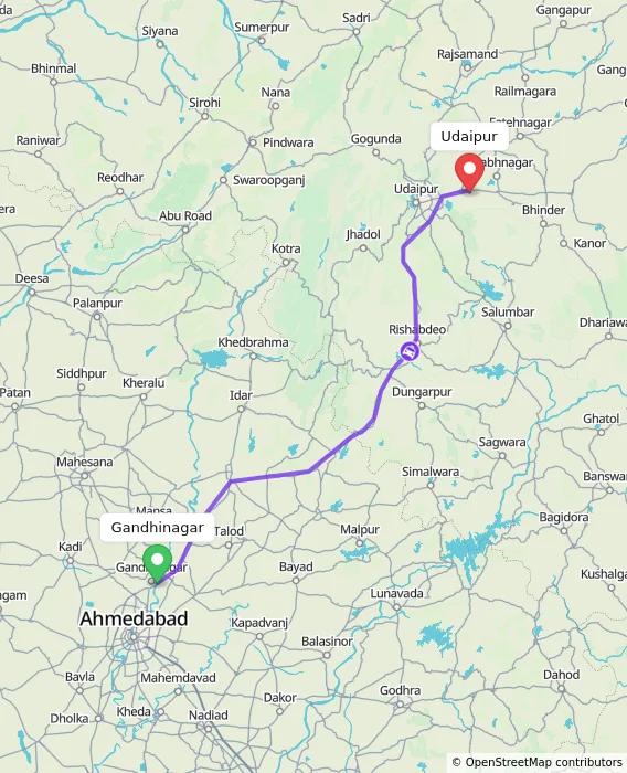 Route map showing distance and travel time from Gandhinagar, India to Udaipur, India