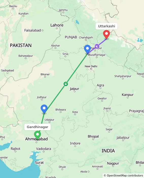 Route map showing distance and travel time from Gandhinagar, India to Uttarkashi, India