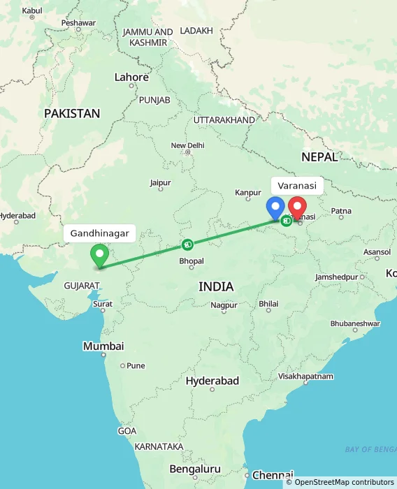 Route map showing distance and travel time from Gandhinagar, India to Varanasi, India