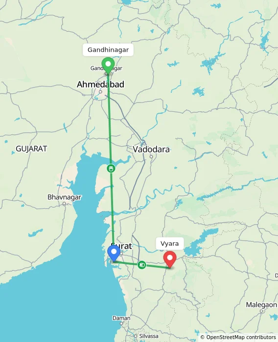 Route map showing distance and travel time from Gandhinagar, India to Vyara, India