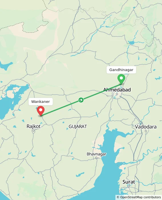 Route map showing distance and travel time from Gandhinagar, India to Wankaner, India