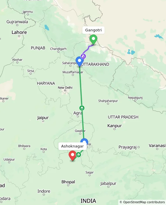Route map showing distance and travel time from Gangotri, India to Ashoknagar, India