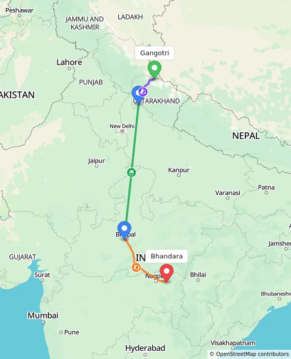 Route map showing distance and travel time from Gangotri, India to Bhandara, India