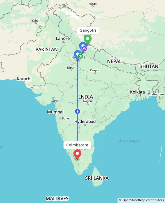 Route map showing distance and travel time from Gangotri, India to Coimbatore, India