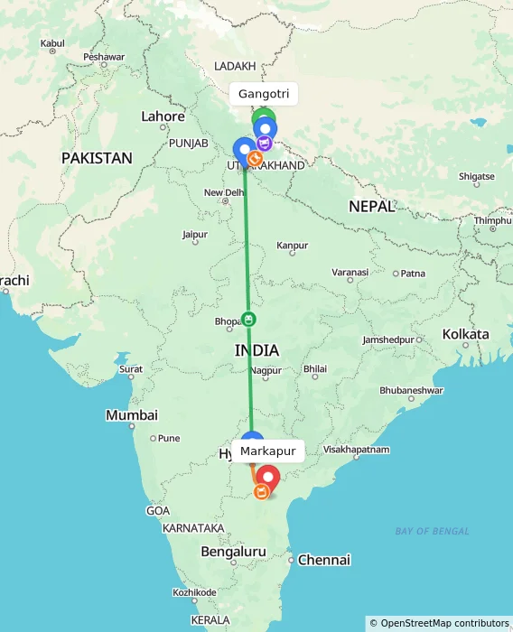 Route map showing distance and travel time from Gangotri, India to Markapur, India
