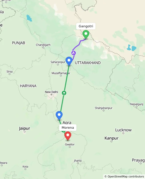 Route map showing distance and travel time from Gangotri, India to Morena, India