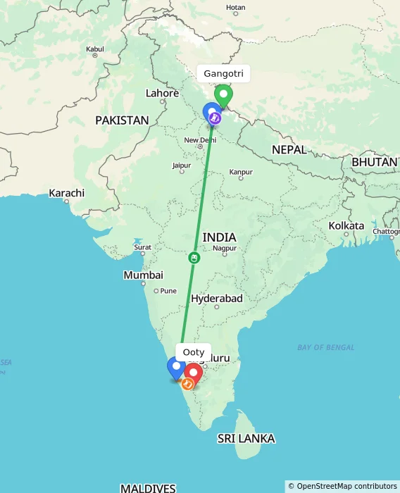 Route map showing distance and travel time from Gangotri, India to Ooty, India