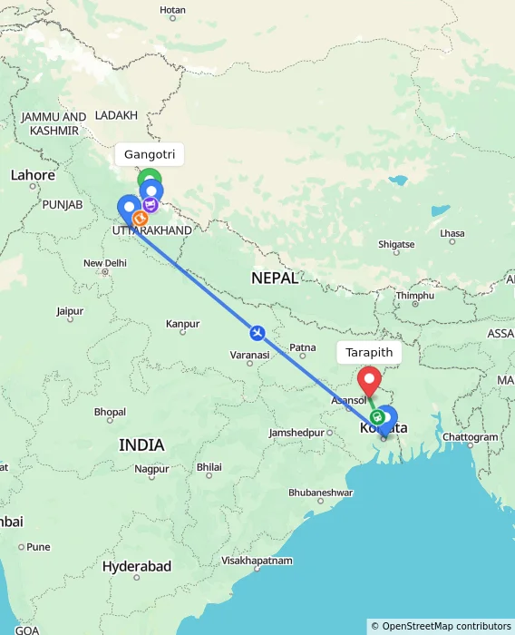 Route map showing distance and travel time from Gangotri, India to Tarapith, India