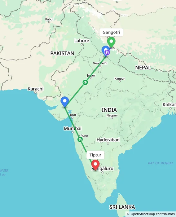 Route map showing distance and travel time from Gangotri, India to Tiptur, India