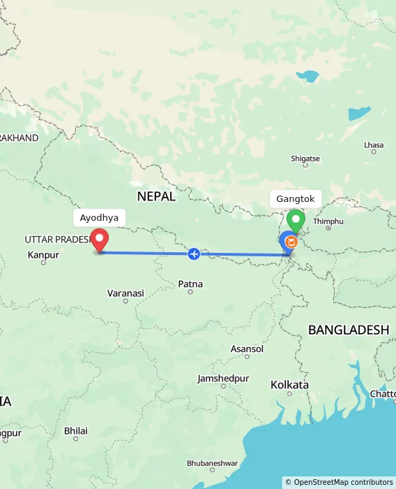 Route map showing distance and travel time from Gangtok, India to Ayodhya, India