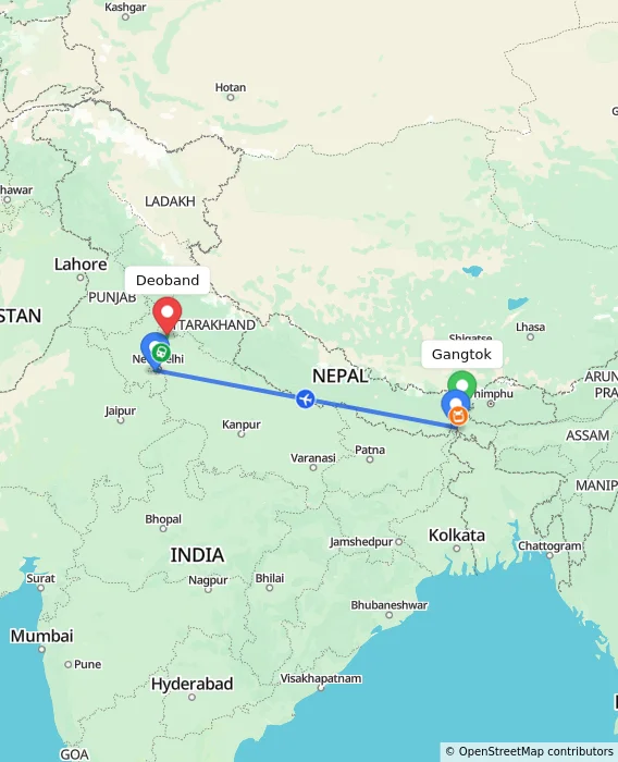 Route map showing distance and travel time from Gangtok, India to Deoband, India