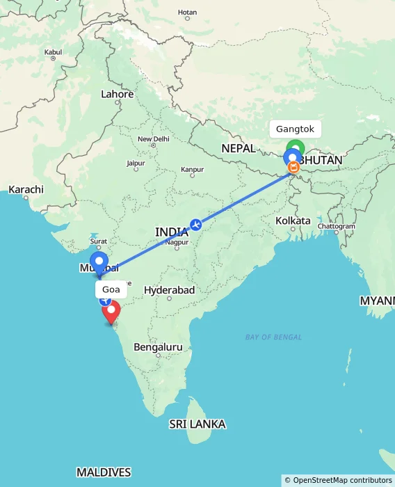 Route map showing distance and travel time from Gangtok, India to Goa, India