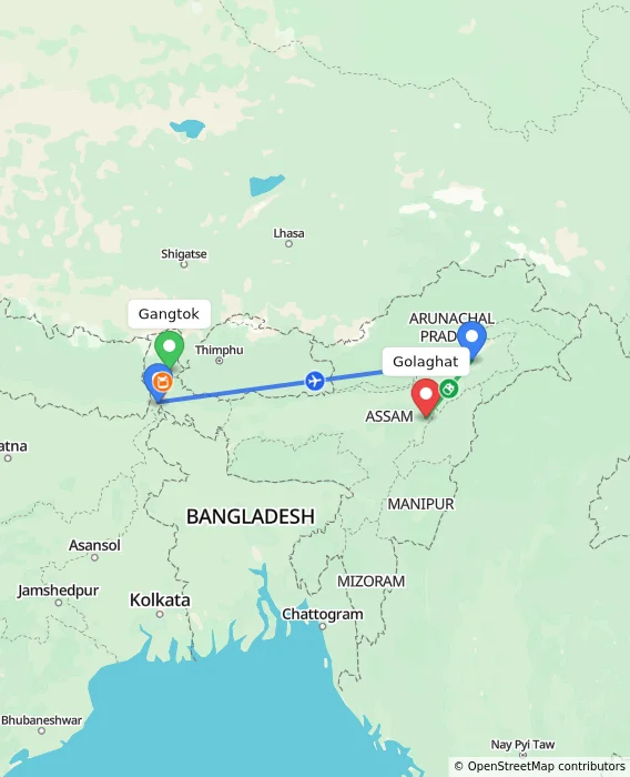 Route map showing distance and travel time from Gangtok, India to Golaghat, India