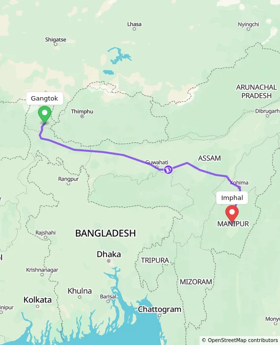 Route map showing distance and travel time from Gangtok, India to Imphal, India