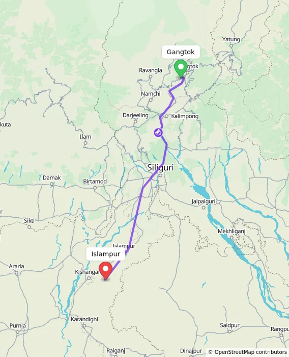 Route map showing distance and travel time from Gangtok, India to Islampur, India