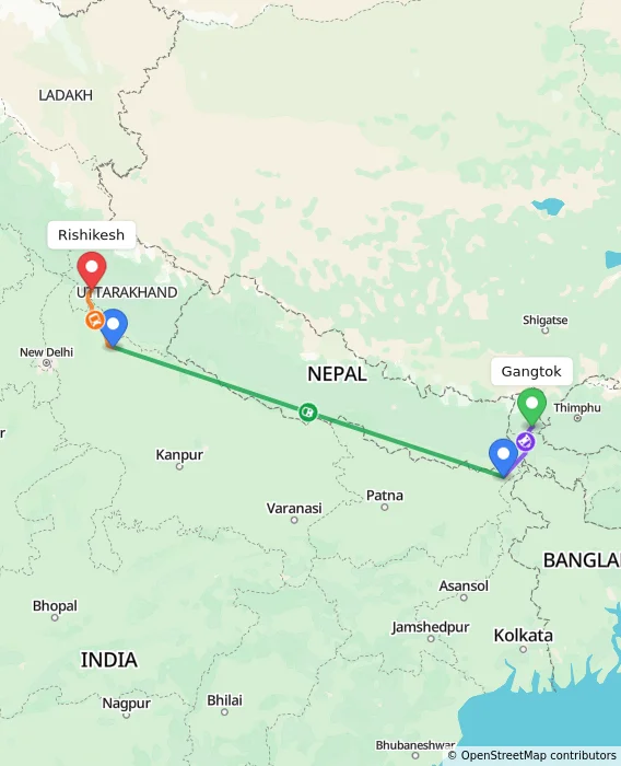 Route map showing distance and travel time from Gangtok, India to Rishikesh, India
