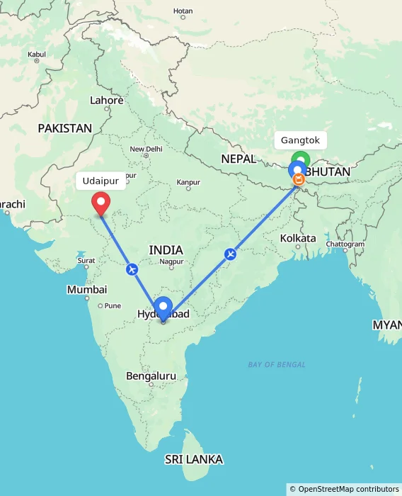 Route map showing distance and travel time from Gangtok, India to Udaipur, India