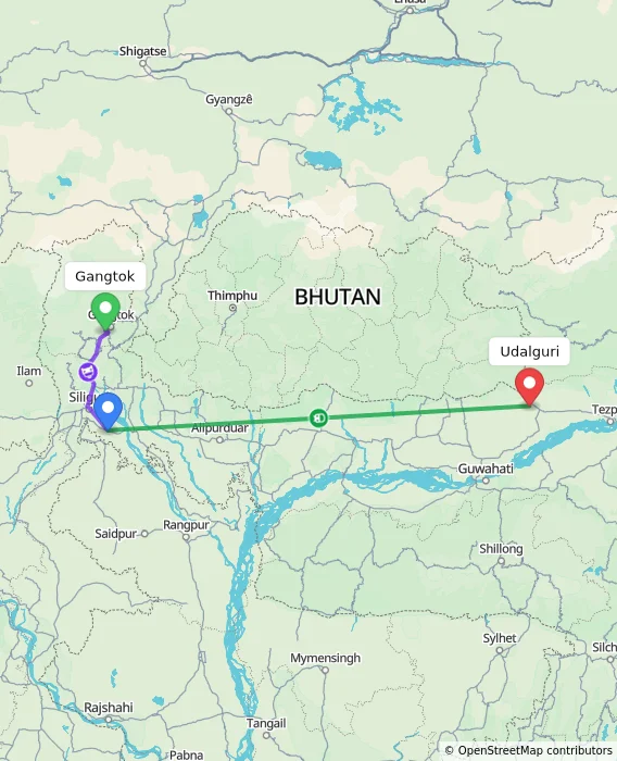 Route map showing distance and travel time from Gangtok, India to Udalguri, India