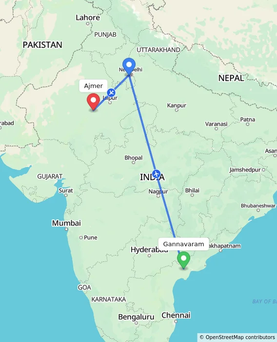 Route map showing distance and travel time from Gannavaram, India to Ajmer, India