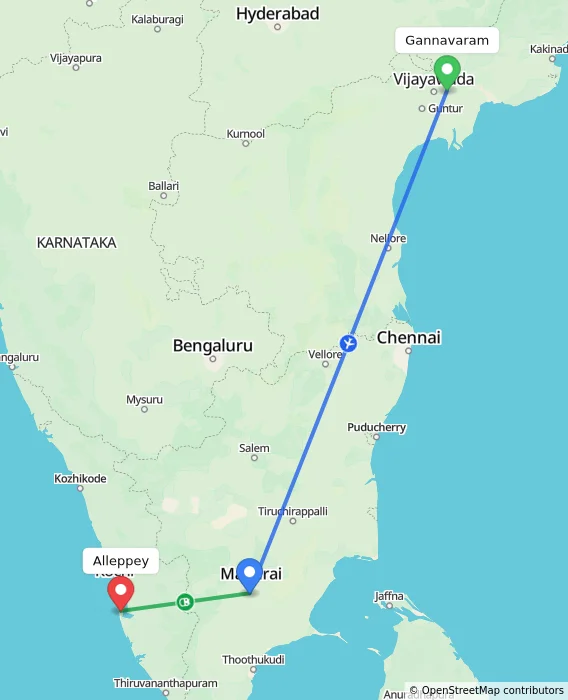 Route map showing distance and travel time from Gannavaram, India to Alappuzha, India