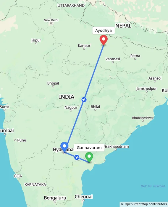 Route map showing distance and travel time from Gannavaram, India to Ayodhya, India