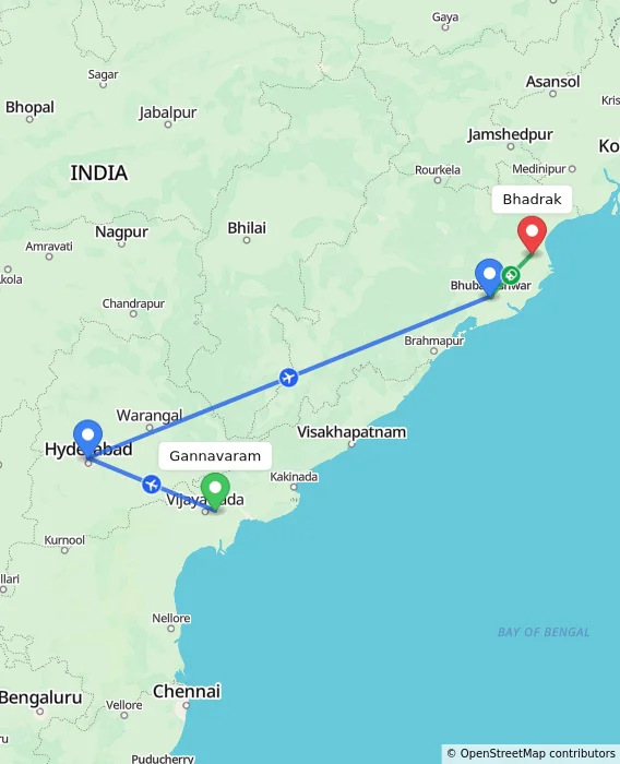 Route map showing distance and travel time from Gannavaram, India to Bhadrak, India