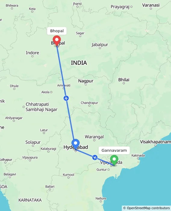 Route map showing distance and travel time from Gannavaram, India to Bhopal, India
