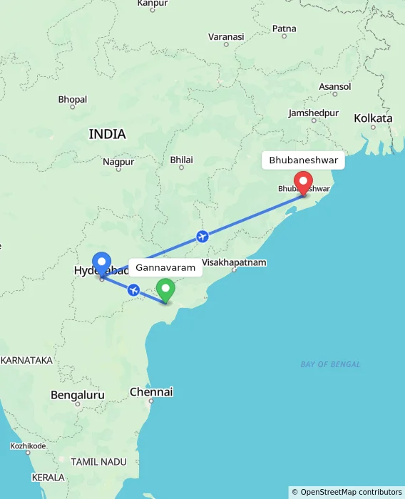 Route map showing distance and travel time from Gannavaram, India to Bhubaneshwar, India