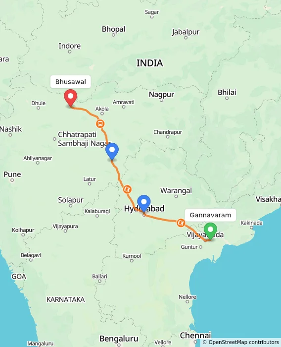 Route map showing distance and travel time from Gannavaram, India to Bhusawal, India