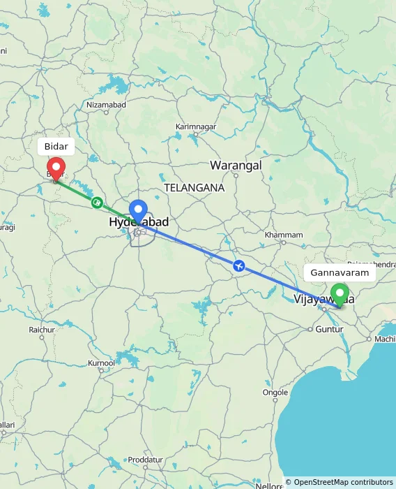 Route map showing distance and travel time from Gannavaram, India to Bidar, India