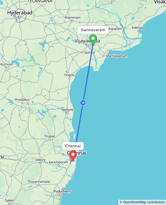 Route map showing distance and travel time from Gannavaram, India to Chennai, India