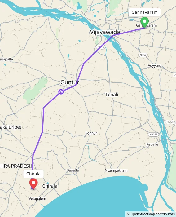 Route map showing distance and travel time from Gannavaram, India to Chirala, India