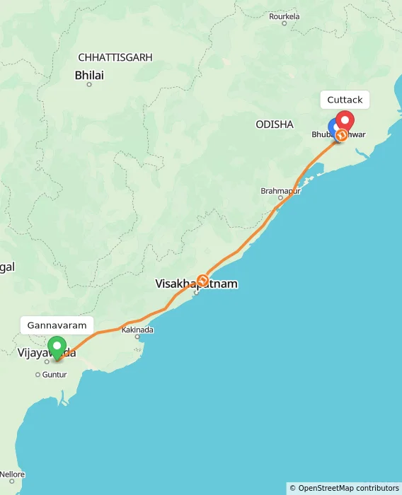 Route map showing distance and travel time from Gannavaram, India to Cuttack, India