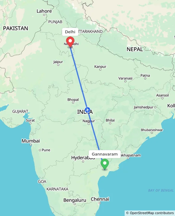 Route map showing distance and travel time from Gannavaram, India to Delhi, India