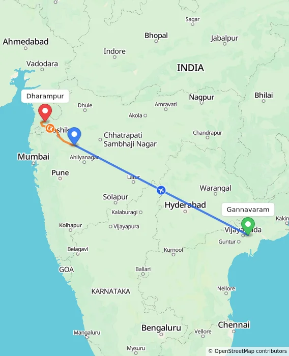Route map showing distance and travel time from Gannavaram, India to Dharampur, India