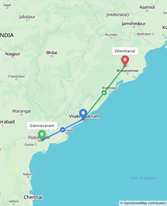 Route map showing distance and travel time from Gannavaram, India to Dhenkanal, India
