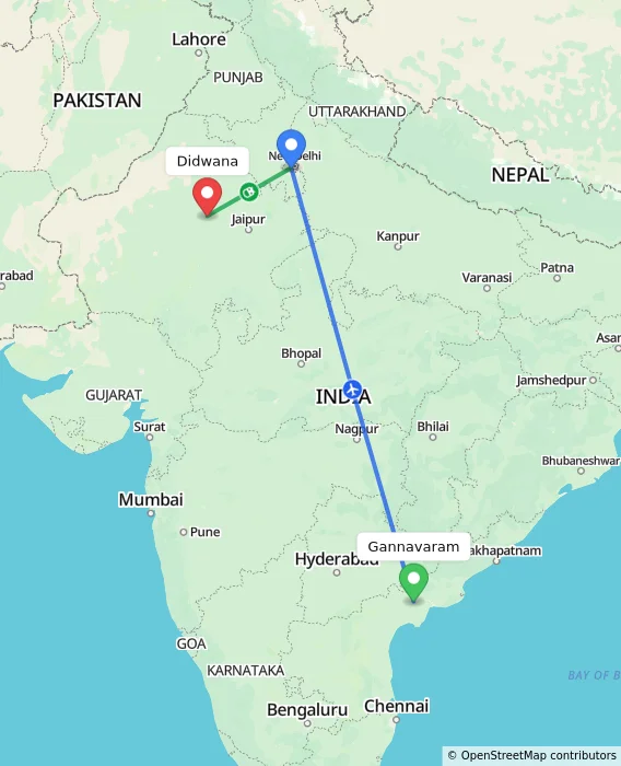 Route map showing distance and travel time from Gannavaram, India to Didwana, India