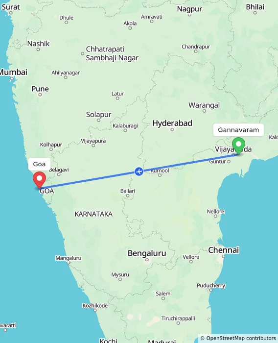 Route map showing distance and travel time from Gannavaram, India to Goa, India