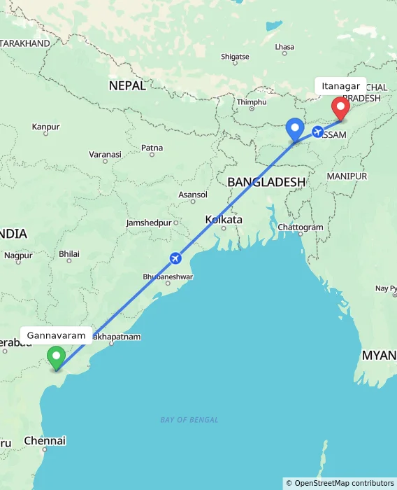 Route map showing distance and travel time from Gannavaram, India to Itanagar, India