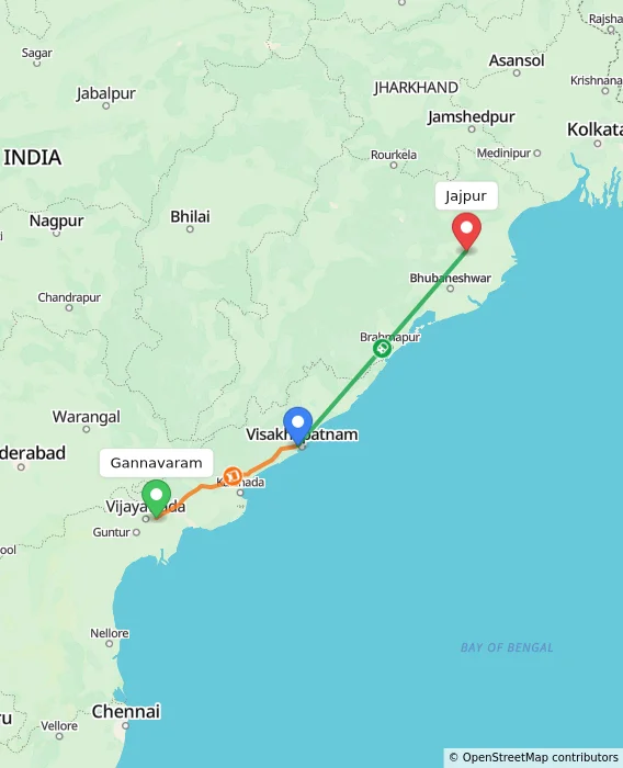 Route map showing distance and travel time from Gannavaram, India to Jajpur, India
