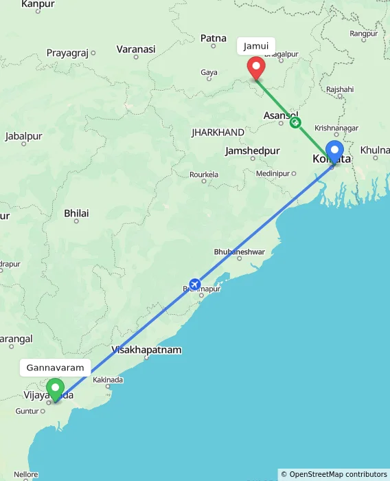 Route map showing distance and travel time from Gannavaram, India to Jamui, India