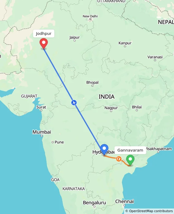 Route map showing distance and travel time from Gannavaram, India to Jodhpur, India