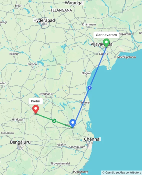 Route map showing distance and travel time from Gannavaram, India to Kadiri, India