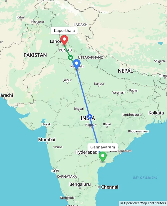 Route map showing distance and travel time from Gannavaram, India to Kapurthala, India